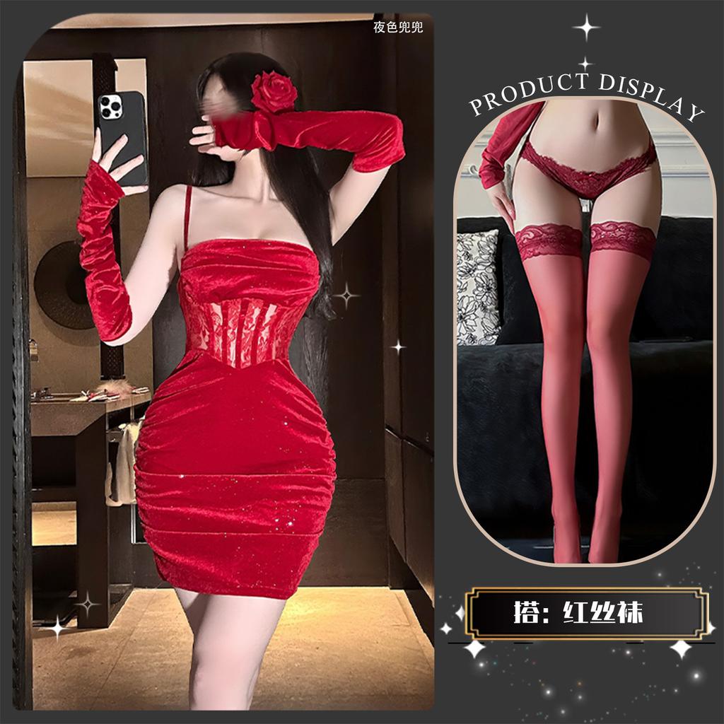 Sexy red velvet perspective lace hip skirt fine flash suspender skirt New Year's atmosphere sex underwear 9332