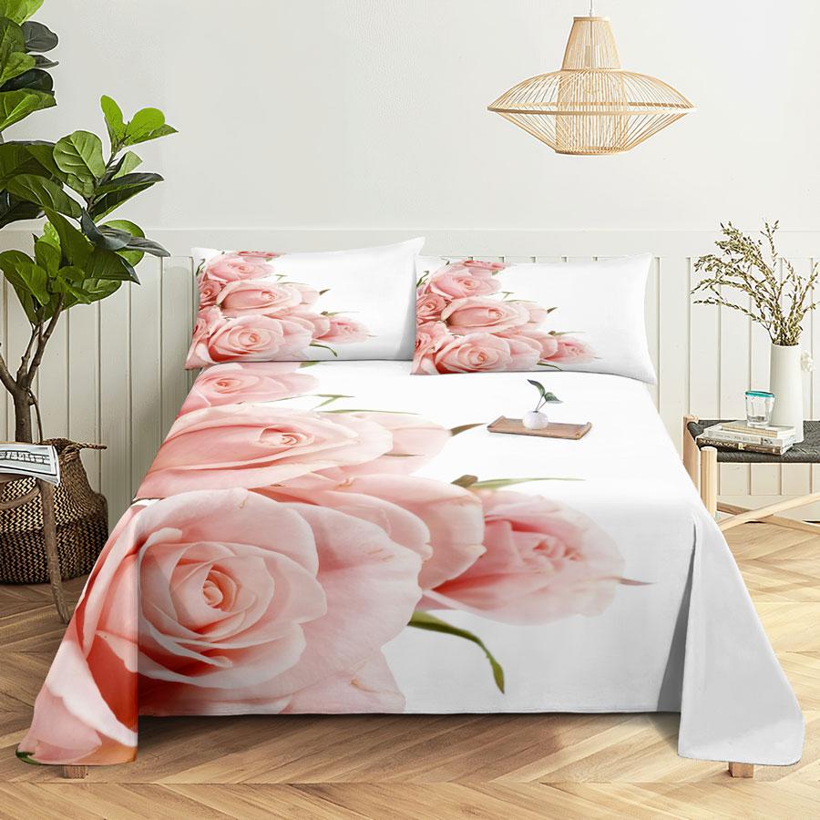 Bedsheets Set With Pillows Case Queen Size Soft Bed Sheets And Pillowcases For Single Double Beds Twin Pink Flower Thin Fabric