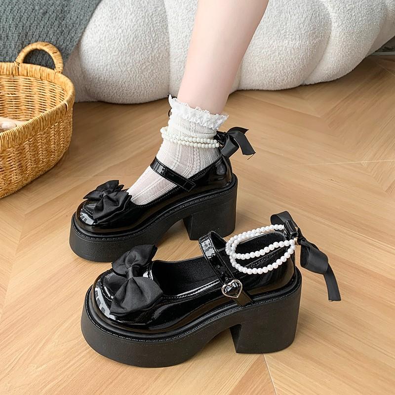 Women's High Heels Shoes High Quality Round Toe Mary Jane Bow Buckle Women High Heels Thick Heeled Lolita Platform Shoes Tacones