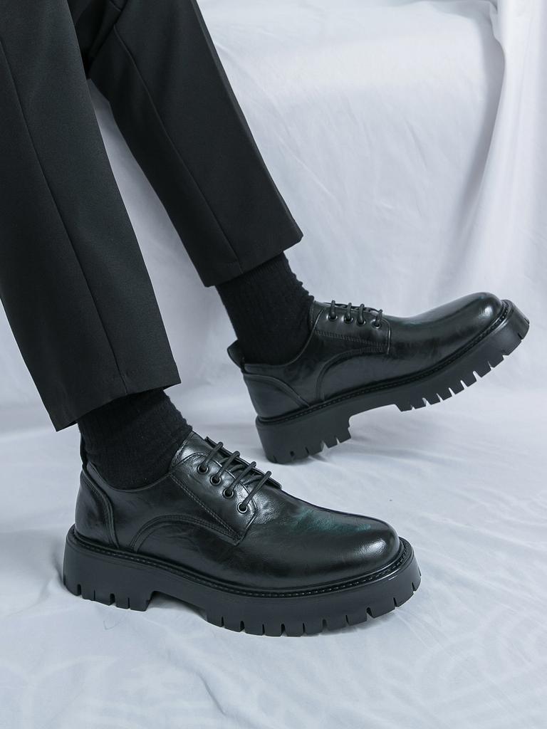 Модные новые толстые туфли с круглым носком в школьном стиле из кожи, мужские деловые туфли на шнуровке, модная обувь в корейском стиле