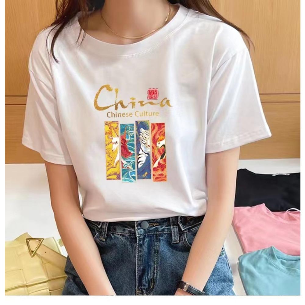 Летняя мужская и женская футболка с коротким рукавом с круглым вырезом и принтом в китайском стиле, нижняя рубашка, национальная мода
