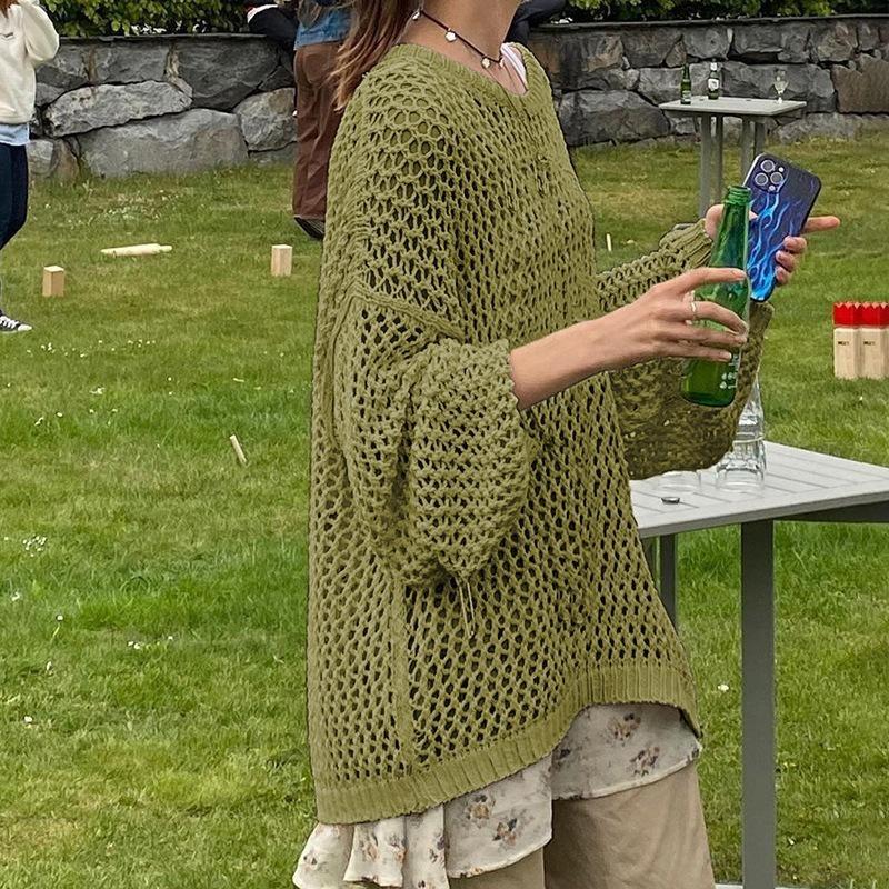 Summer Women's Hollow Out Knit Sweater Cowl Hottie Drawstring See Through Cover-up