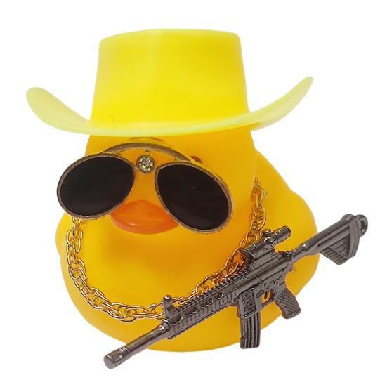 Duck Ornament Squeaky Car Dashboard Decoration Set Funny Yellow Duck Figure with Cowboy Hat Sunglasses Golden Chain Decor
