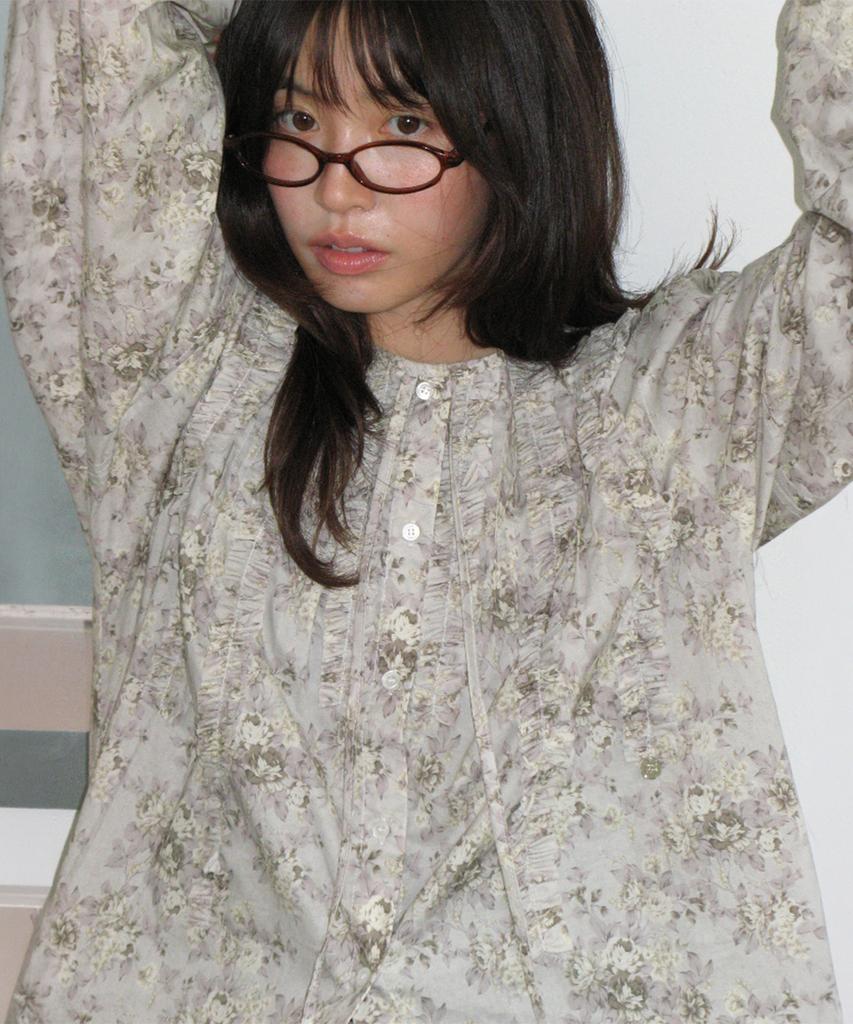 RONRON Lace Ruffle Blouse Floral Beige