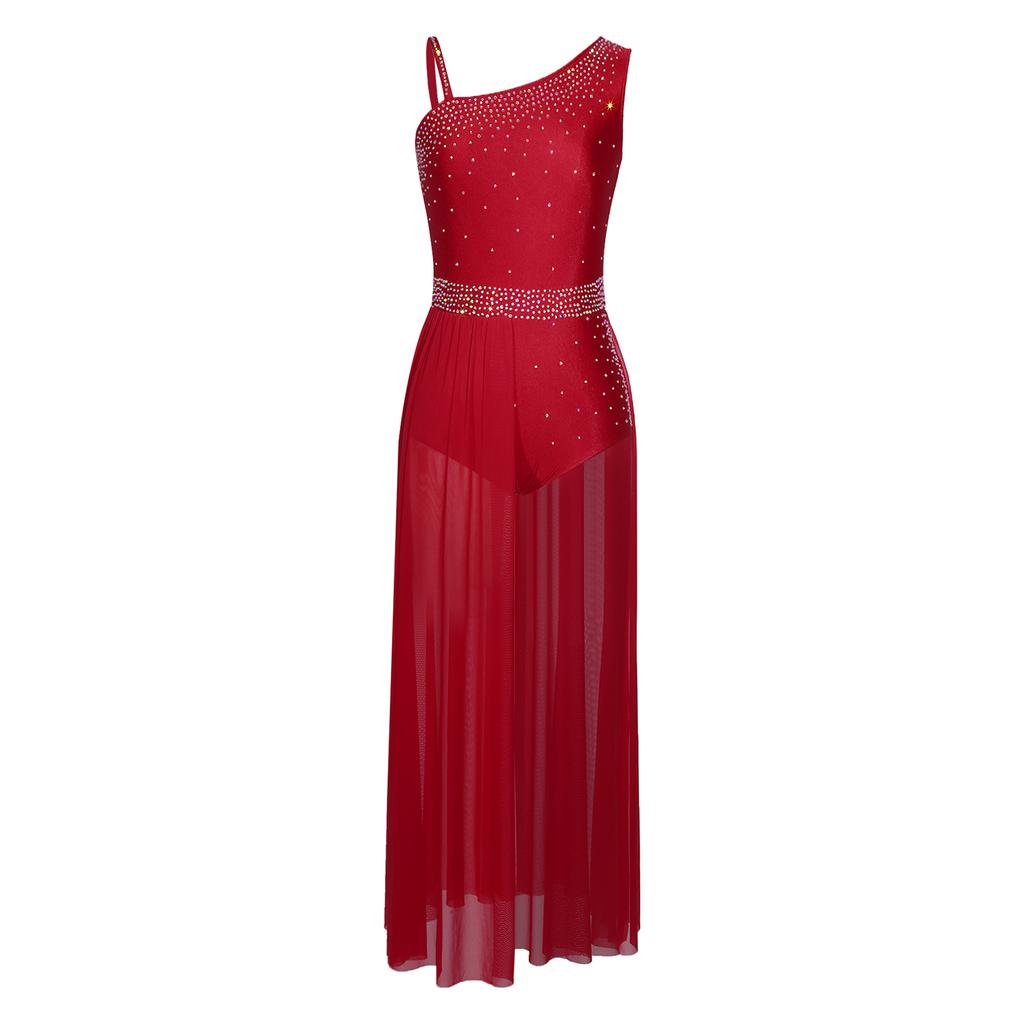 Прозрачное сетчатое платье для лирического танца женское без рукавов с высоким разрезом асимметричное плечо блестящие стразы