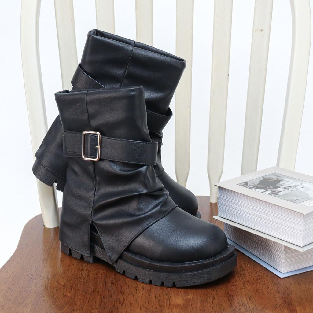 Короткий голенище толстый 5см красивый круглый мягкий ПУ синтетический большой размер японский размер обуви числовой [Liberty Doll] Женские ботинки, сапоги, драпировка, свободный,