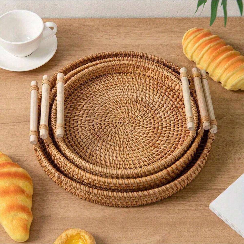 1 шт. плетеная ротанговая корзина для хранения с ручкой-ремнем, круглый поднос для хлеба, закусок, фруктов, пикника - корзина для организации дома