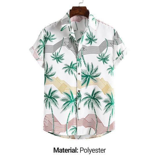 Turn-down Collar Short Sleeve Men Shirt Buttons Down Summer Coconut Tree Print Hawaiian Shirt for Travel