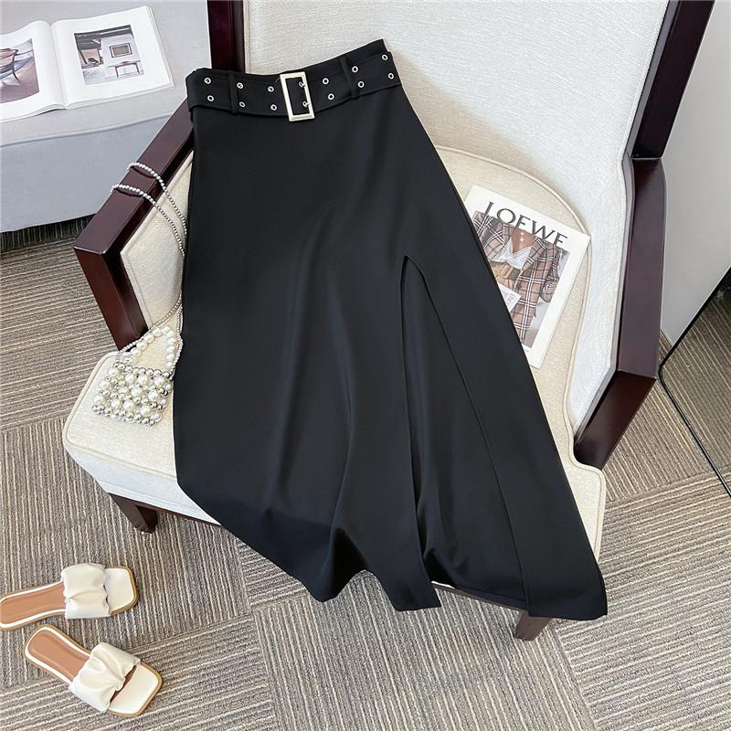 Long Black Skirt Women Streetwear High Waist A-line Belt Slim Irregular Split Sexy Goth Maxi Skirt Autumn Fashion