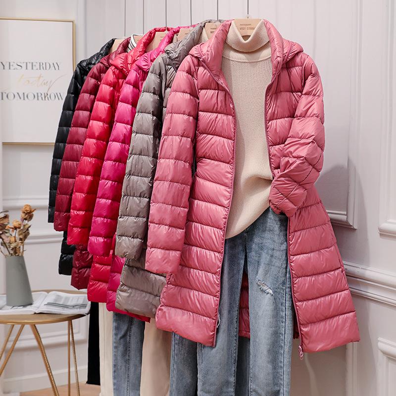 Women Fall Winter Stand Collar Hooded Solid Color Zipper Long White Duck Down Jacket S-7XL