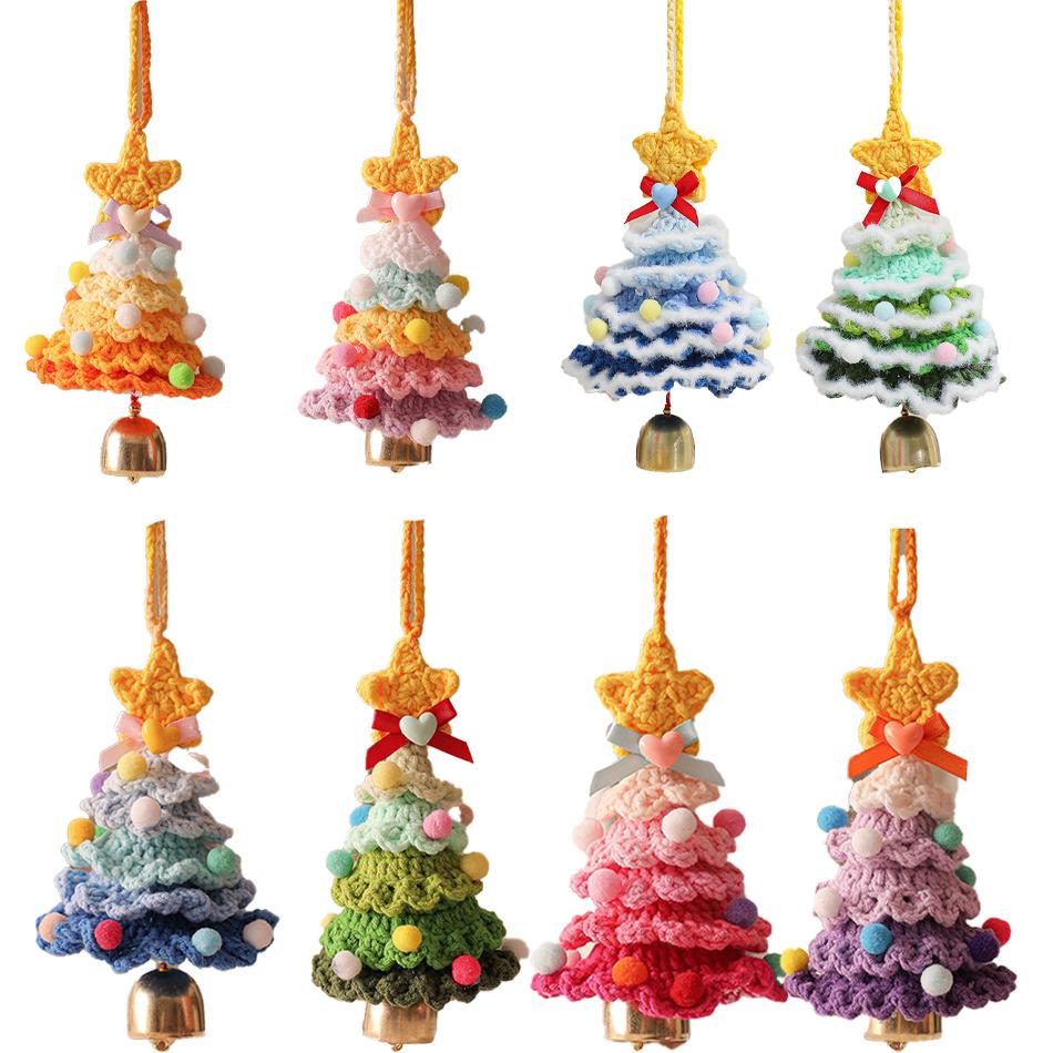 Вязаная рождественская елка с плюшевой рождественской подвеской Jingle Bell, шерстяная вязаная крючком рождественская елка для декора рождественской вечеринки