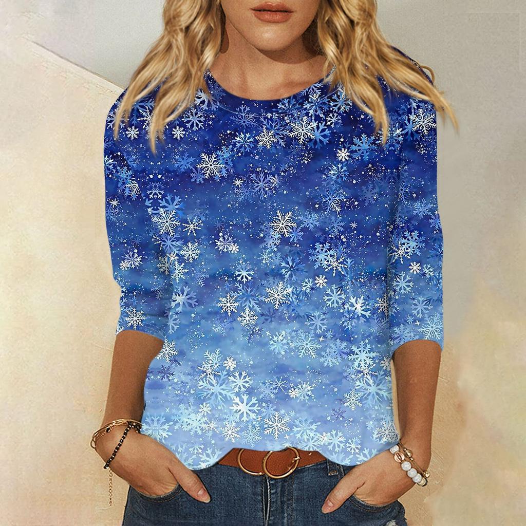 Women's Fashion Casual Round Neck 3/4 Sleeve Loose Christmas Printed T-Shirt Ladies Top