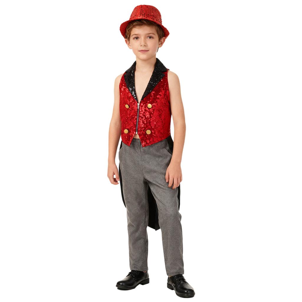 Kids Sequins Medieval Vest Victorian Tailcoat Lapel V Neck Front Zip Vest Solid Sequins Fedora Hat Circus Outfit