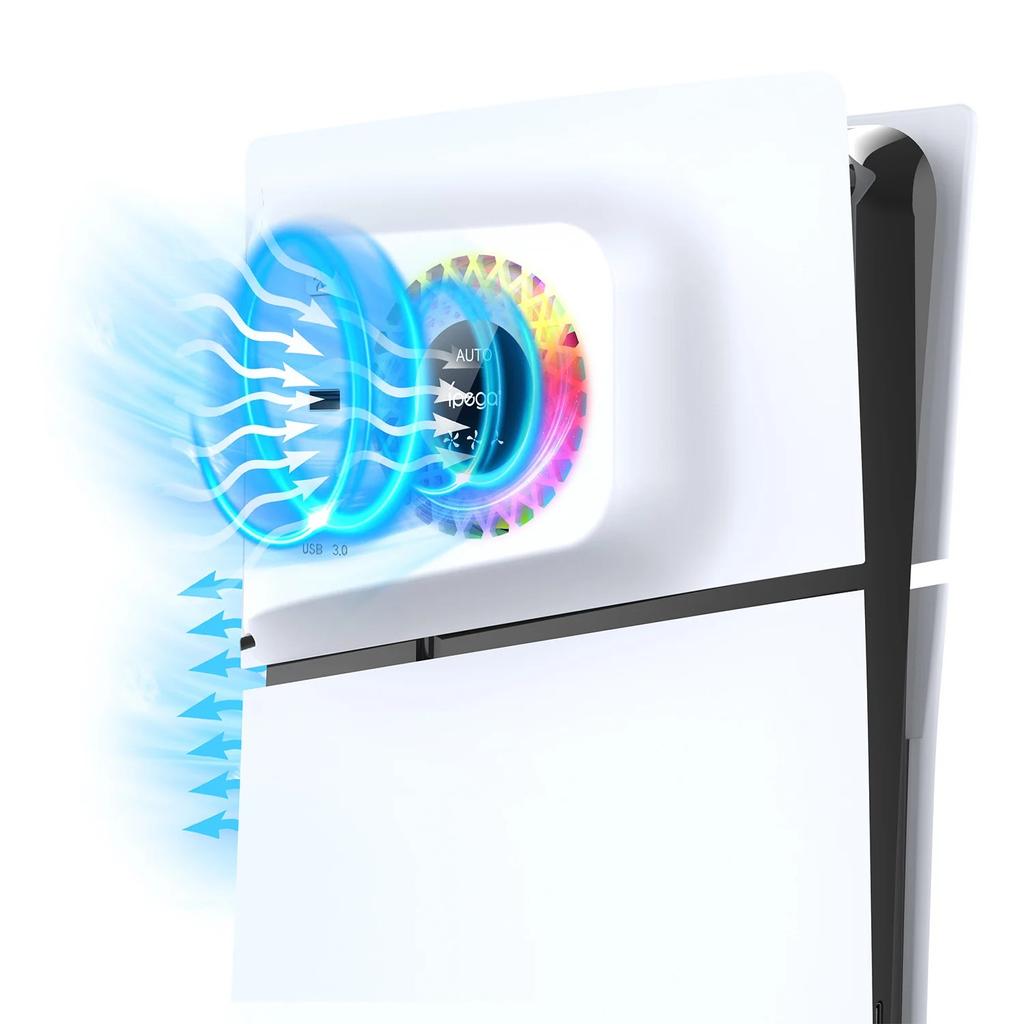 Вентилятор охлаждения RGB с защитной пластиной для PS5 Slim Digital/Disc, автоматическая регулировка скорости с помощью датчика температуры, 3 ручных скорости вентилятора и концентраторы USB3.0, система охлаждения