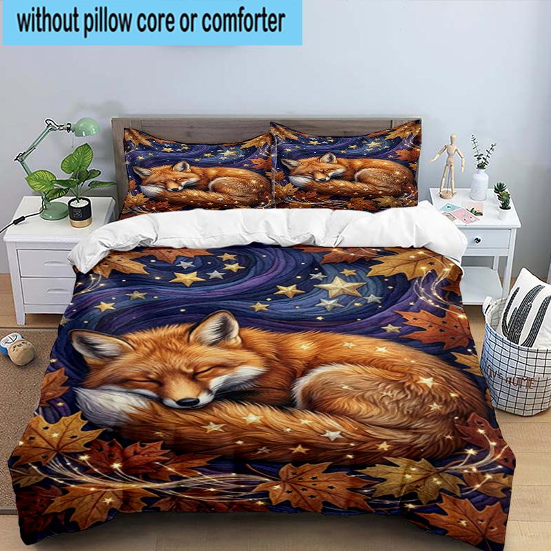 Fox Dreams In Space 3pcs Bedding,Including 1pc Duvet Cover And 2pcs Pillowcases Perfect for Christmas,Ideal for Bedroom, Dormitory
