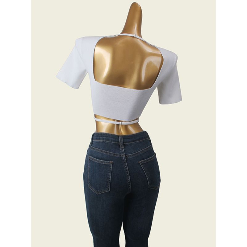 American Style Sexy Beauty Back T-shirt Summer Low Round Neck Sexy Pure Color Short Sleeve Knitting Short Tops