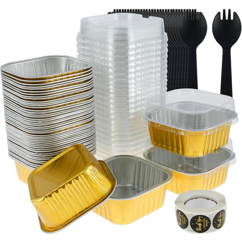 50Pcs Mini Cake Pans with Lids and Spoons Aluminum Foil Baking Pans Mini Bread Containers Muffin Tins Loaf Pans Kitchen Tools