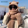 Bear Hat Plush Scarf Women's Winter Cute Winter Gloves Three-piece Set Hooded Integrated Ear Protection Scarf To Keep Warm