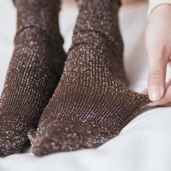 Fashion Women Solid Color Glitter Ribbed Breathable Cotton Middle Tube Socks