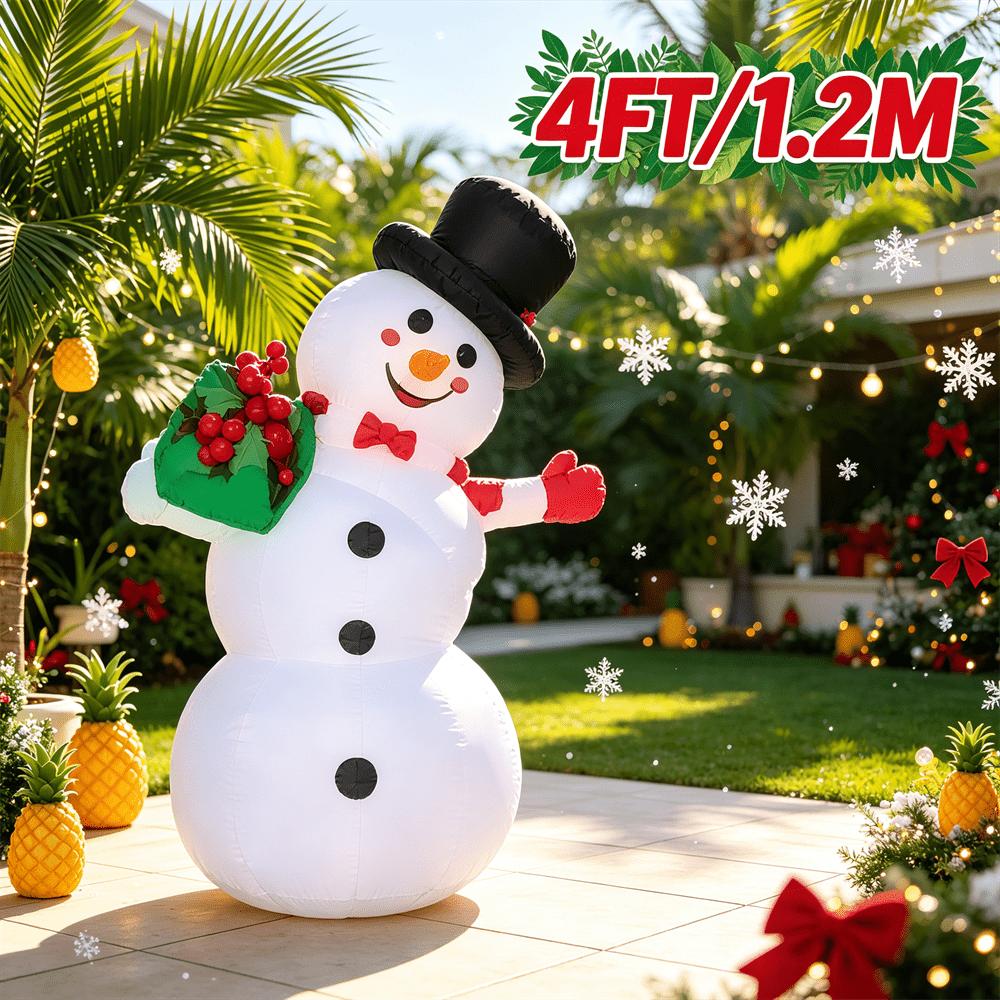 4FT Christmas Inflatable Snowman with Berry Bag, LED Blow Up Snowman Figure, Outdoor Xmas Party Yard Decoration