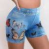 Летние женские фитнес-шорты, повседневные, с эффектом денима, с высокой посадкой, для подтяжки ягодиц и похудения, брюки длиной три четверти с принтом бабочки