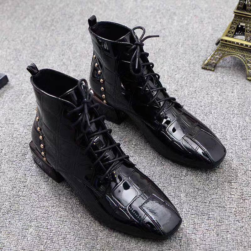 2024 Fashion Square Toe Mid Heel Solid Women's Boots Square Heel Ankle Modern Boots Spring/autumn Lace-up Shoes Female Botas