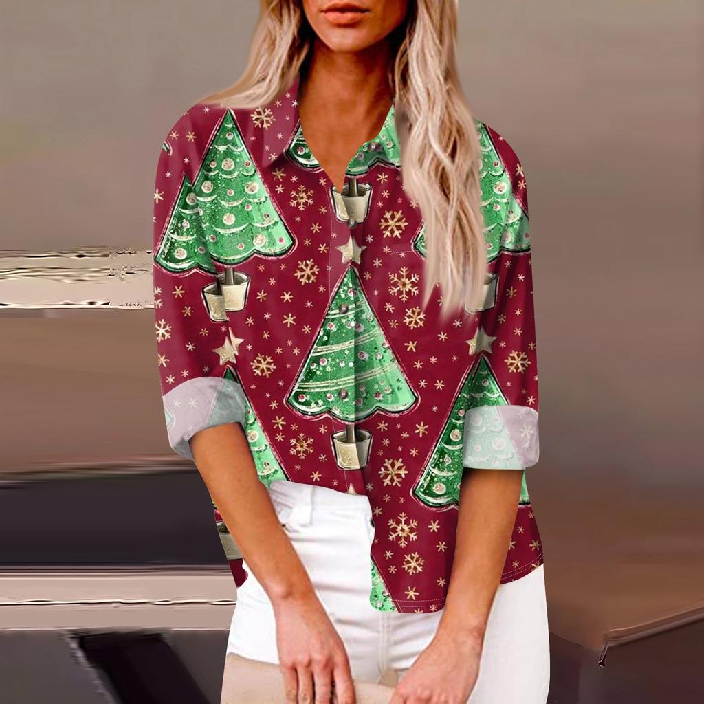 Женская свободная повседневная рубашка с длинными рукавами и рождественским принтом, кардиган с принтом и карманами