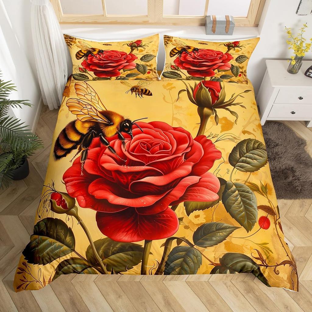 Bee Duvet Cover Twin Honeybee Bedding Set Farmhouse Wild Animal Comforter Cover Boho White Daisy Flowers Floral Wreath Bed Set