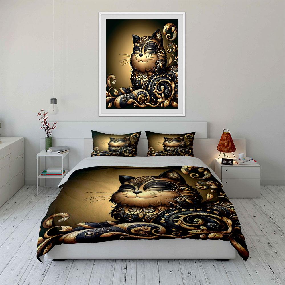 Golden feline's intricate elegance. Bedding sets Duvet covers Pillowcases(1* Duvet Cover 2* Pillowcases without duvet insert)