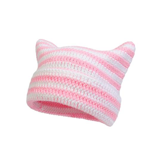 Женская вязаная шапка с кошачьими ушками, полосатая, контрастного цвета, высокая эластичность, противоскользящая, мягкая, толстая, теплая, ветрозащитная, унисекс, зимняя шапка-бини без полей