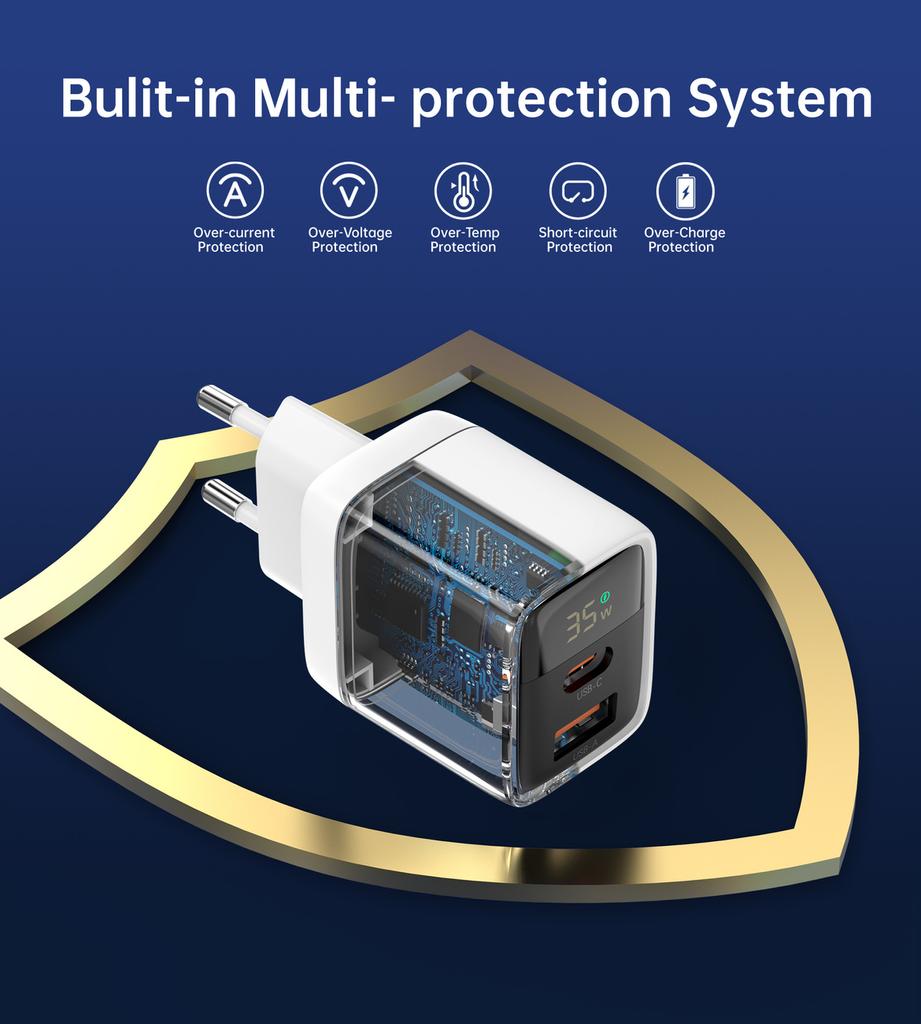 Choetech PD6052 Dual-Port 35W GaN Fast Charger with Display - White