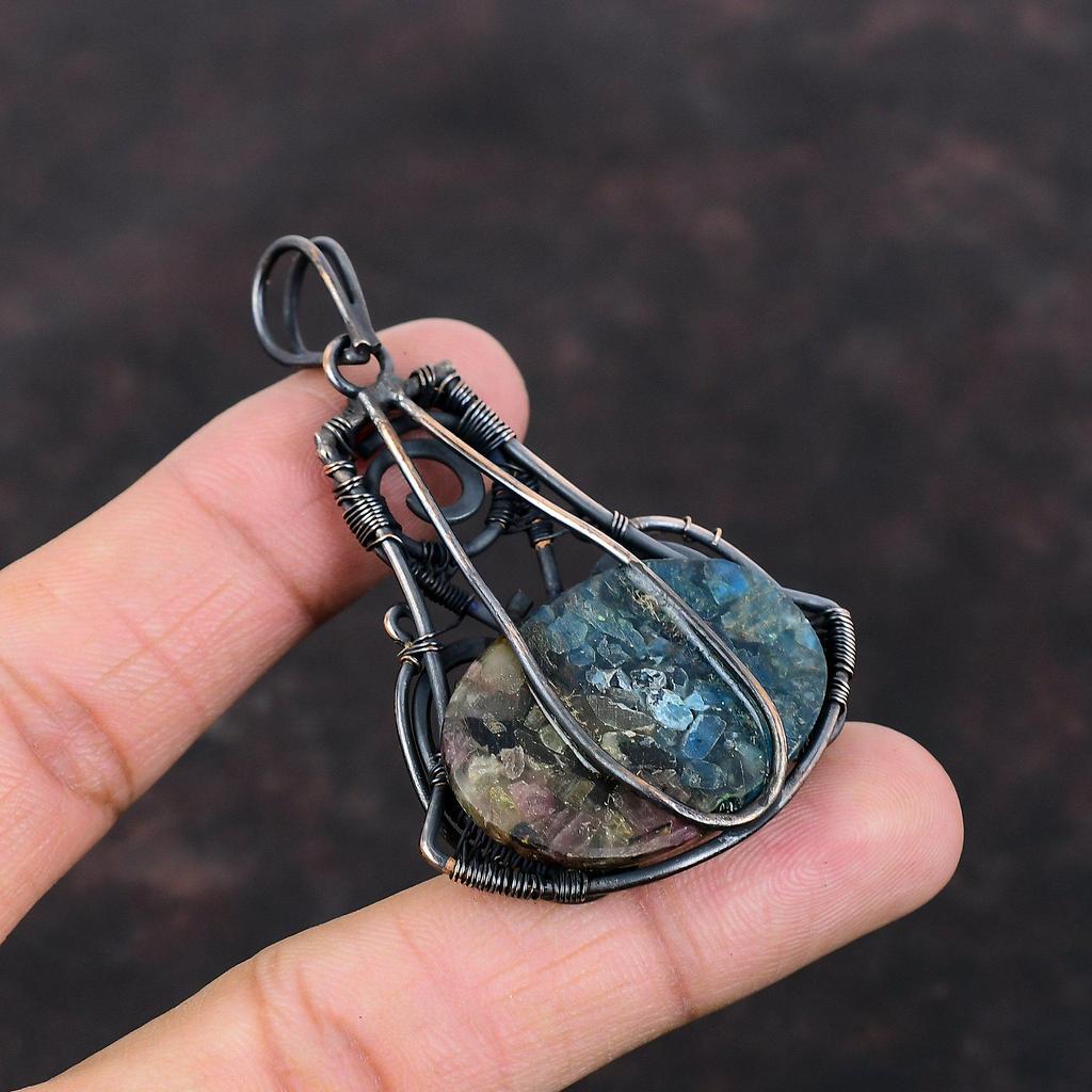 Подвеска с арбузным турмалином, обернутая медной проволокой, подвеска из натурального драгоценного камня, подарок для женщин, подвеска ручной работы, обернутая медной проволокой, ювелирные изделия