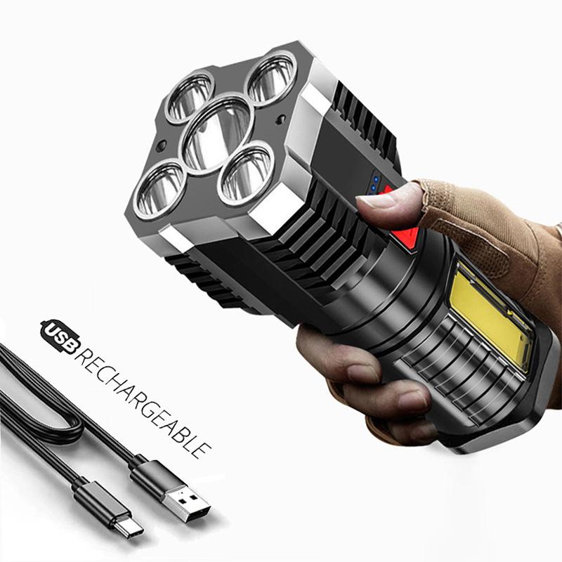 5 LED Flashlight High Power Rechargeable Waterproof Led Long-range Spotlight Battery Display COB Light Outdoor Multi-function