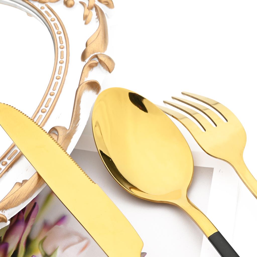 Jankng 16 шт. черные столовые приборы с золотой строчкой, набор посуды из нержавеющей стали, кухонный домашний набор столовых приборов в западном стиле, нож, вилка, ложки, набор посуды