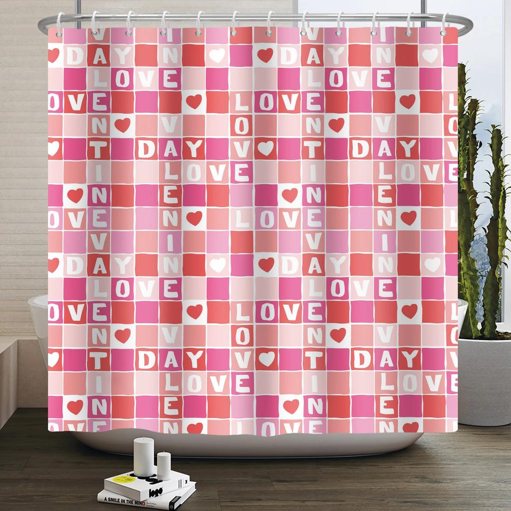 Happy Valentines Day Heart Shower Curtain Red Pink Romantic Falling Love Heart Sweet Lovers Waterproof Bathroom Curtain Decor