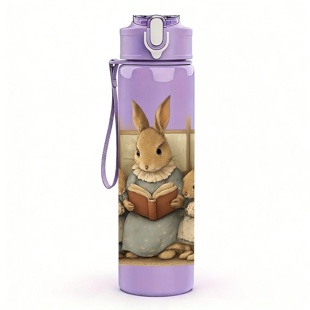 1PC Rabbit Family Book Scene Print 750ml Color Plastic Sports Water Bottle Leakproof Flip Straw Lid Suitable for Sports Office Home Use