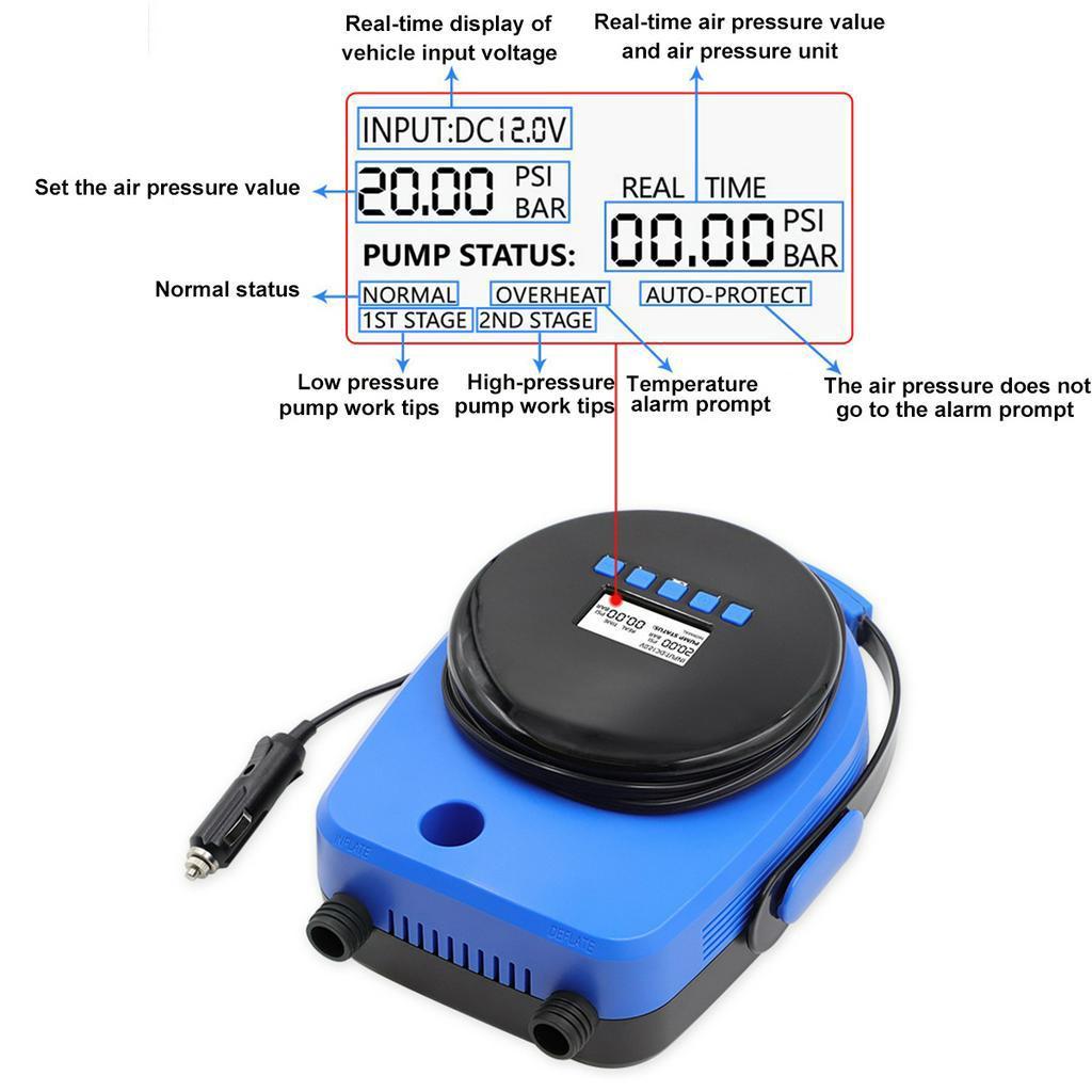 12В 20PSI 3,3 фута ЖК-дефлятор Sup Лодка Весло Напольный коврик Высокое давление Надувной Электрический Воздушный Насос