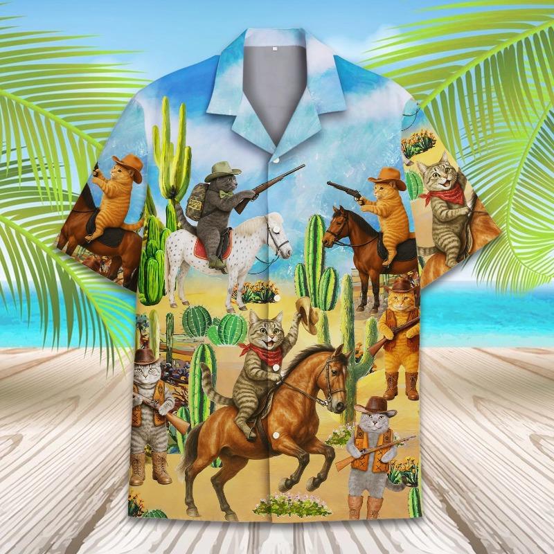 2025 Men's Hawaii Shirt 3D Printing Short Sleeve Western Cowboys Cat Casual for Men Shirts Clothes Harajuku Unisex Floral Blouse