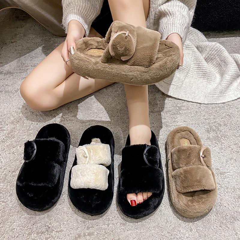 Женские меховые тапочки на толстой платформе, зимние модные повседневные уличные тапочки с открытым носком, мягкие плюшевые тапочки для дома и дома, пушистые тапочки