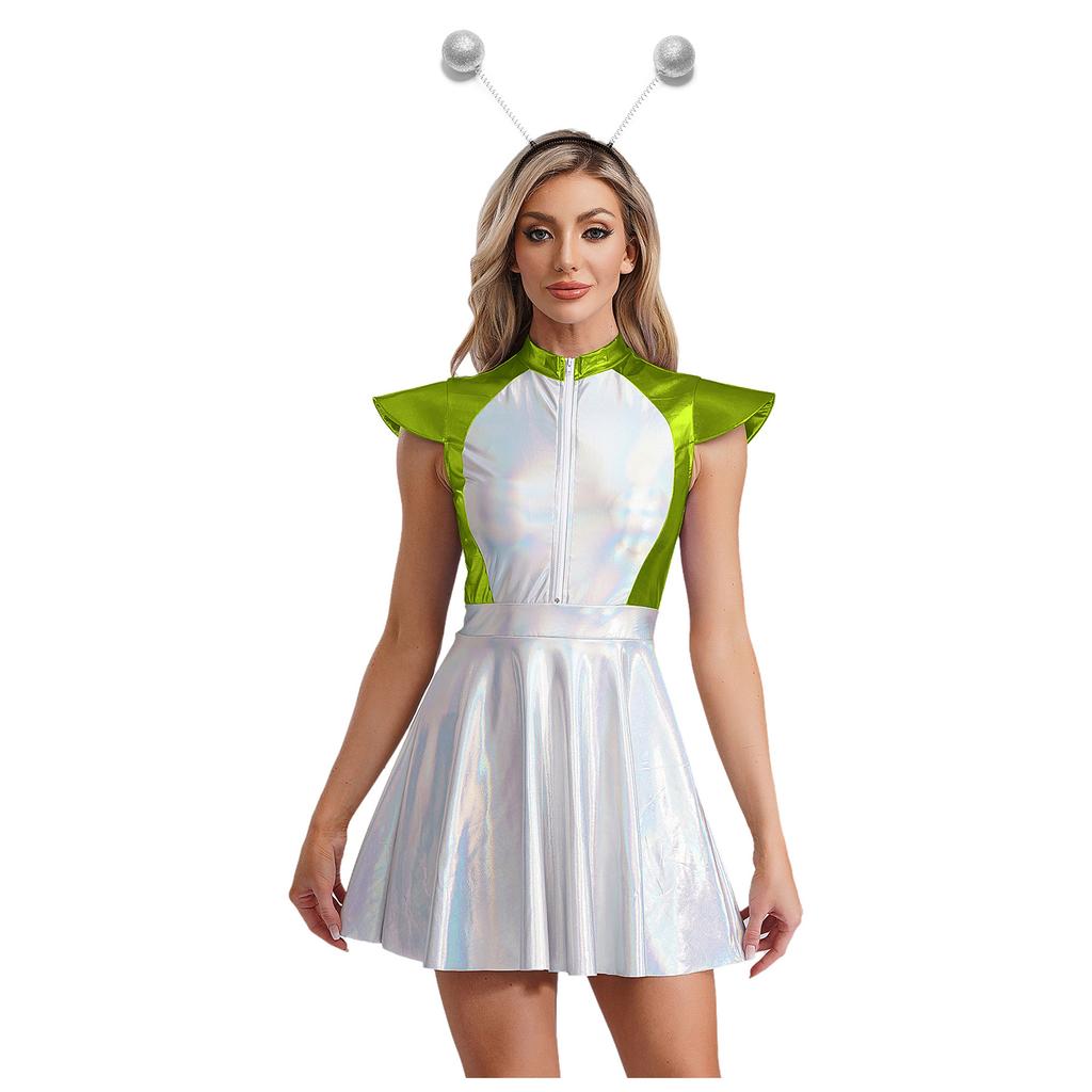 Womens Space Alien Costume Cap Sleeve Cutie Design Outer Space Theme Dress and Hair Hoop