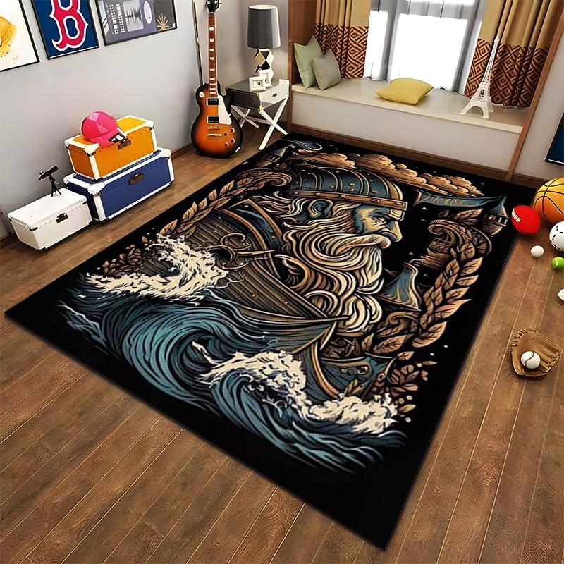 Viking Warrior Design Carpet with Ocean Waves and Nordic Style Pattern Suitable for use as an anti-slip for living room bedroom sofas