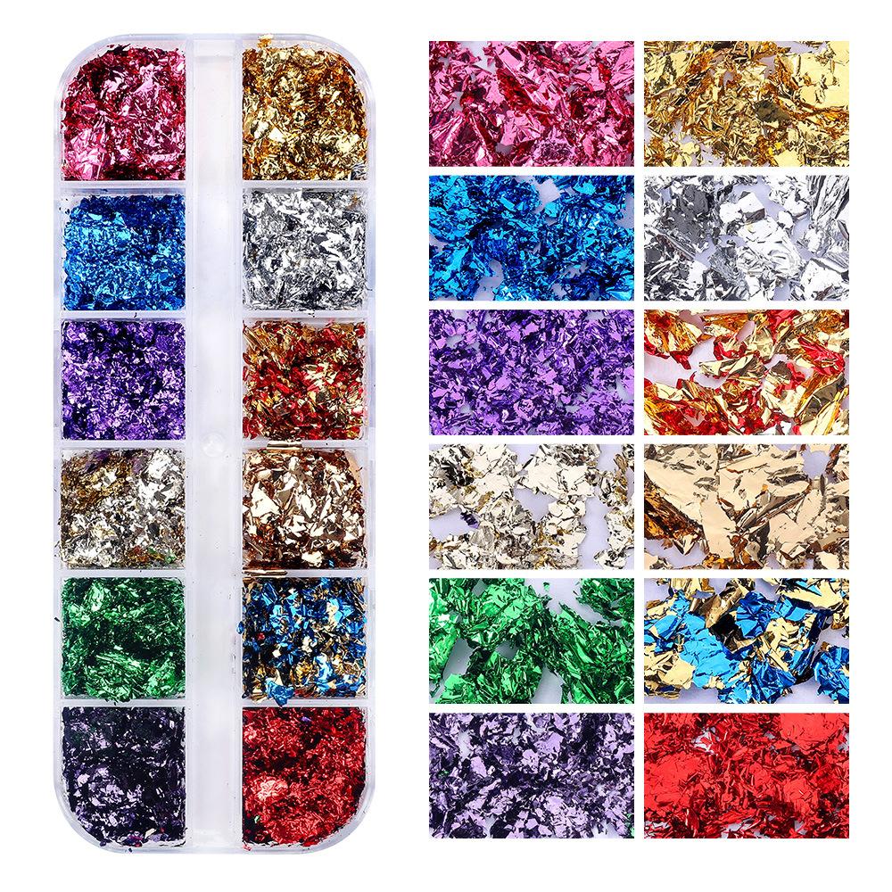12 сеток для дизайна ногтей, золотая фольга, бумага для японского дизайна ногтей, фрагменты золотой и серебряной фольги, коробка для самостоятельного изготовления, декоративные наклейки для ногтей из оловянной фольги