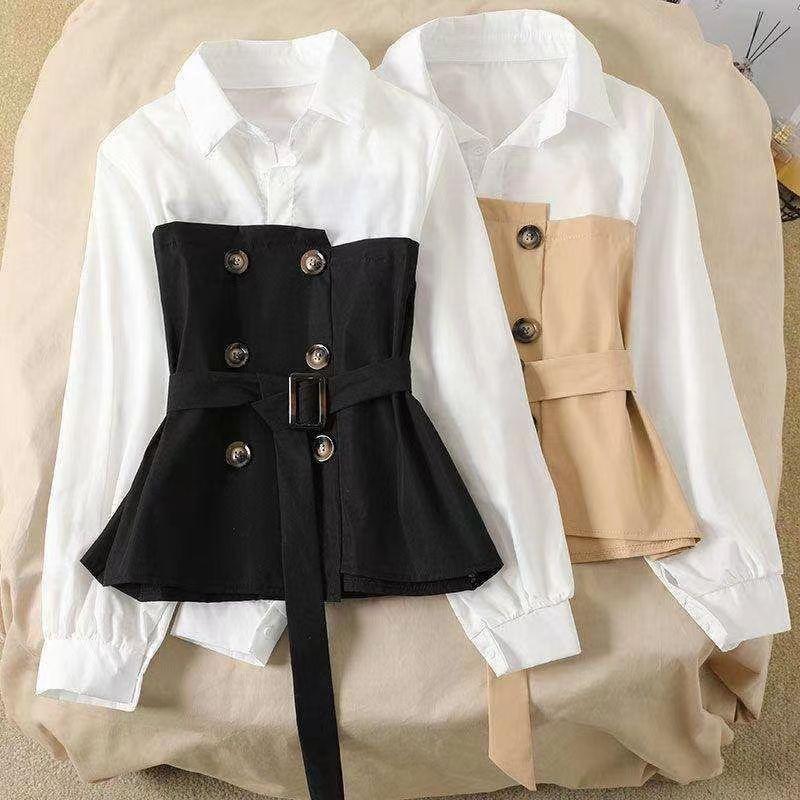New Korean Style Women's Clothing Korean Style Slimming Fake Two-piece Long-sleeved Shirt Korean Style Loose Waist Top