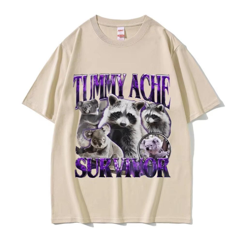 Tummy Ache Survivor Vintage Raccoon Funny Meme T-shirts Men's Women Casual Cotton Oversized Streetwear Male Vintage Short Sleeve