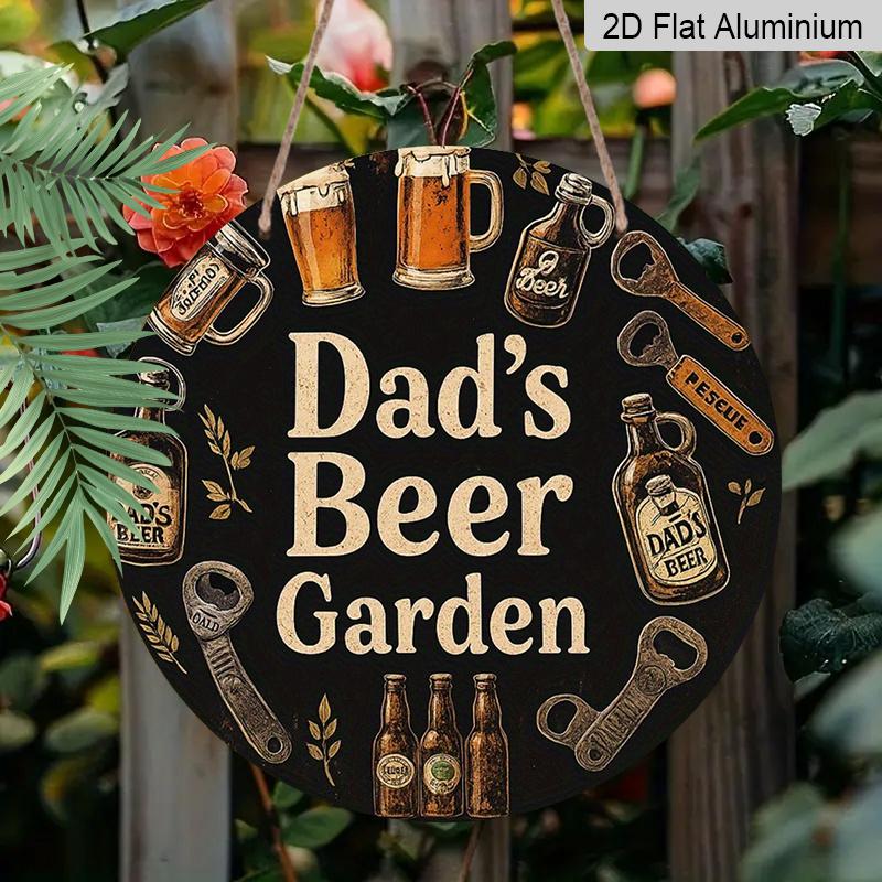 2D Flat 1pc, 8x8 in, Vintage Beer Garden Aluminum Metal Decorative Signs & Plaques - Dad's Beer Garden Wall Art with Beer Mugs, Bottles & Rustic