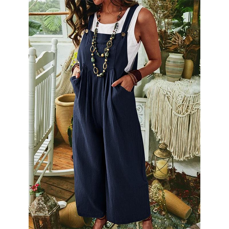 Summer Women's Jumpsuit Thickened Ramie Cotton Solid Color Sleeveless Casual Wide Leg Side Buckle Jumpsuit