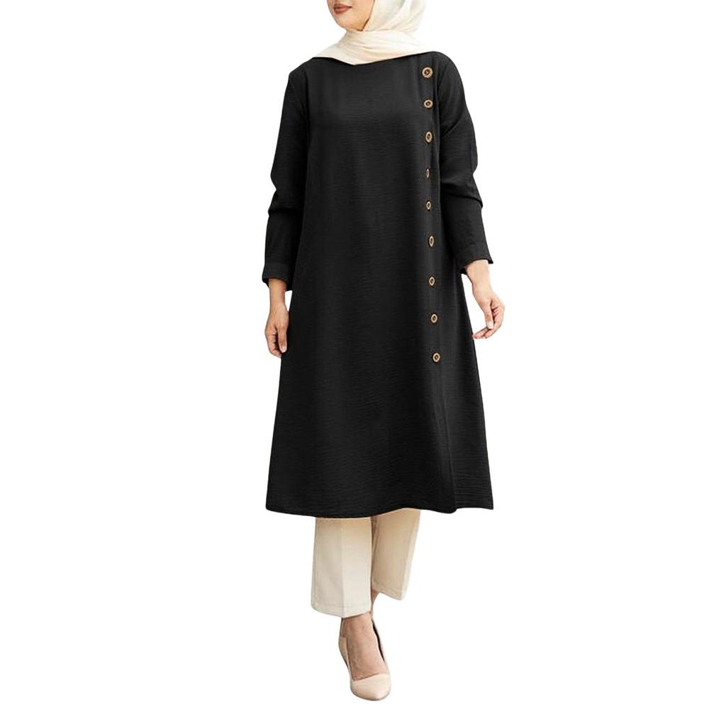 Muslim Loose Casual Long Sleeve Button Embellished Women's Long Sleeve Shirt Dresses