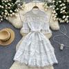Summer Crochet Lace Spliced Embroidery Shirt Party Dress Women's Short Sleeve Hollow Out Single Breasted Robe