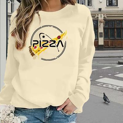 Топы для женщин, простая футболка с круглым вырезом и длинным рукавом с принтом пиццы и буквами, повседневный тонкий женский топ с длинными рукавами