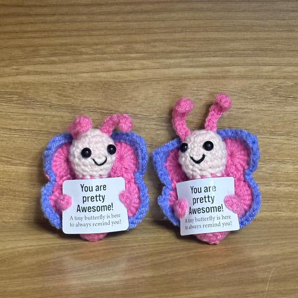Funny Crochet Positive Emotional Support Butterfly Doll Home Room Decoration Handmade Knitted Butterfly Desktop Ornament Gift
